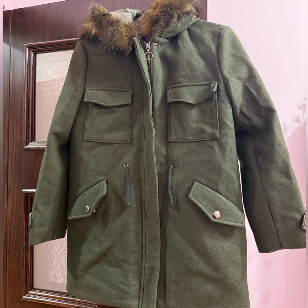 Zara Kids Green Jacket with Faux Fur Trim